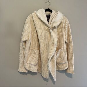 Johnny Was Biya Cream Beige Cable Knit Hooded Fringe Jacket Size Small